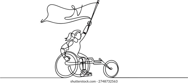 Single one line drawing young amputee woman with body injuries raising flag. Disabled athlete sitting on racing wheelchair, disabled sportswoman. one line Icon drawing

