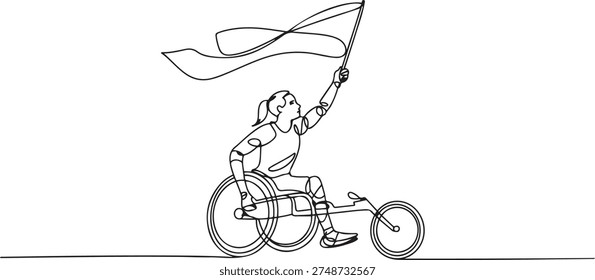 Single one line drawing young amputee woman with body injuries raising flag. Disabled athlete sitting on racing wheelchair, disabled sportswoman. one line Icon drawing
