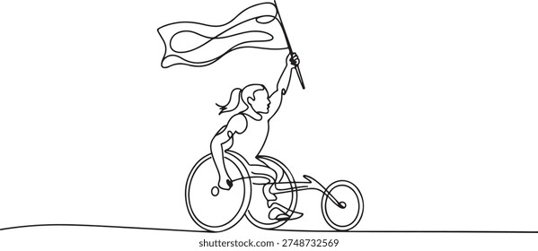 Single one line drawing young amputee woman with body injuries raising flag. Disabled athlete sitting on racing wheelchair, disabled sportswoman. one line Icon drawing
