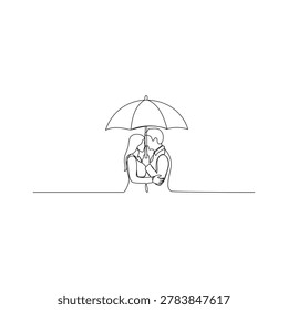 Single one line drawing young couple man woman girl and boy walking holding umbrella under rain smiling hugging