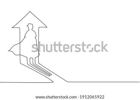 Single one line drawing of young smart business man shadow with up arrow light. Business financial market growth minimal concept. Modern continuous line draw design graphic vector illustration
