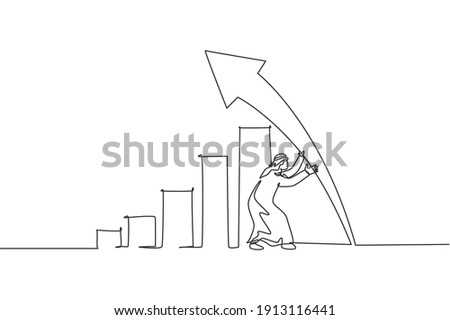 Single one line drawing of young Arabic businessman establish arrow bar sign up. Success business growth strategy minimal concept. Modern continuous line draw design graphic vector illustration