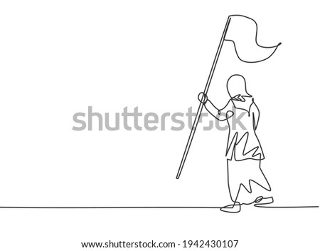 Single one line drawing of young Arab business woman holding winning flag. Business achievement goal. Minimal metaphor concept. Modern continuous line draw design graphic vector illustration