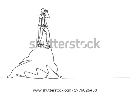 Single one line drawing young businessman standing on hill while looking at binoculars. Symbol leadership, strategy, mission, objectives. Modern continuous line draw design graphic vector illustration