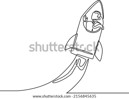 Single one line drawing of young businessman using rocket to reach target. Success business growth strategy minimal concept. Modern continuous line draw design graphic vector illustration.