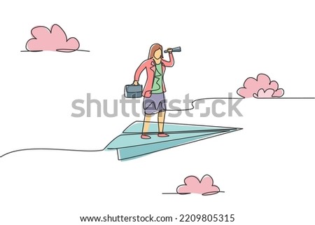 Single one line drawing of young businesswoman flying with paper plane while analyze market situation. Business goal. Metaphor minimal concept. Continuous line draw design graphic vector illustration
