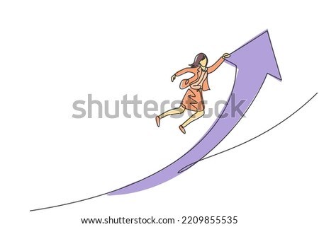 Single one line drawing of young smart business woman flying and jumping, holding up arrow symbol. Business sales growth minimal concept. Modern continuous line draw design graphic vector illustration
