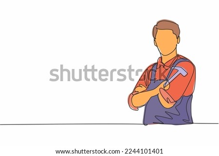 Single one line drawing young male carpenter cross arm on chest and holding hammer. Professional work profession and occupation minimal concept. Continuous line draw design graphic vector illustration