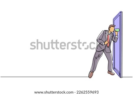 Single one line drawing young man eavesdropping at the door. Curious businessman listening to conversation. Privacy violation concept. Modern continuous line draw design graphic vector illustration