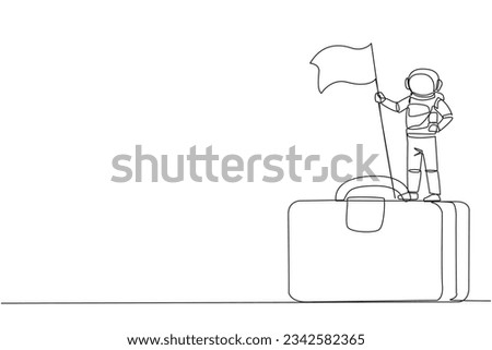 Single one line drawing young energetic astronaut standing on giant briefcase holding fluttering flag. Mission accomplished, it's time to return to earth. Continuous line design graphic illustration