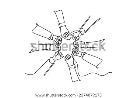 Single one line drawing of young happy people fist and join their hands together and create circle shape. Business team building concept. Modern continuous line draw design graphic vector illustration