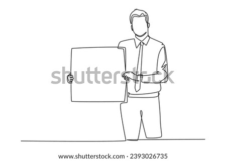 Single one line drawing young presenter holding big screen board to introduce new product of company. New product launch presentation concept. Continuous line draw design graphic vector illustration