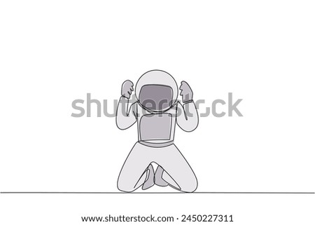 Single one line drawing young astronaut kneeling like praying. Lost hope. Businesses will bankrupt if fail to get bona fide clients. Gesture of surrender. Continuous line design graphic illustration