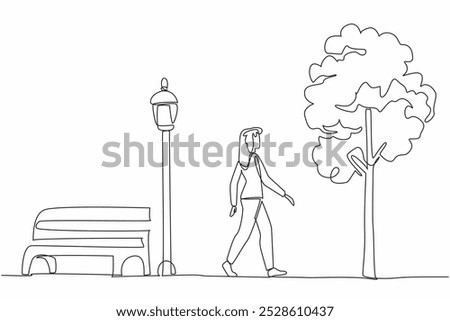 Single one line drawing young woman in casual clothes walking in the park. Healthy activity. Take a leisurely walk. Without pollution. National Walking Day. Continuous line design graphic illustration