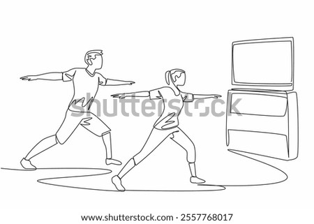 Single one line drawing young couple doing yoga movements. Husband and wife who are united maintain health even though they are busy. National Exercise Day. Continuous line design graphic illustration
