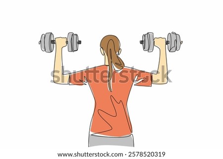 Single one line drawing a young woman lifting a dumbbell with each hand. Maintain health by actively exercising. Sweat and healthy. National Fitness Day. Continuous line design graphic illustration