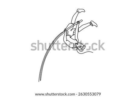 Single one line drawing young male pole vaulter jumping over bar during practice session at the track on outdoor stadium for competition. Modern continuous line draw design graphic vector illustration