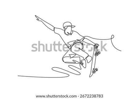 Single one line drawing young active male mid-air on a skateboard. Embodying a thrilling hobby, athletic skill, and the motion of sport. Modern continuous line draw design graphic vector illustration