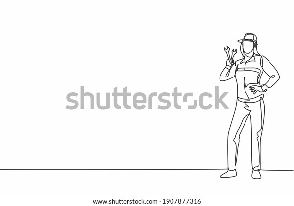 Single one line drawing of young beauty\
female mechanic posing with hands on hip. Professional work\
profession and occupation minimal concept. Continuous line draw\
design graphic vector\
illustration