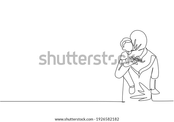 Single one line drawing of young Arabian mom\
carrying her sleepy boy go to the bedroom vector illustration.\
Happy Islamic muslim family parenting concept. Modern continuous\
line graphic draw\
design
