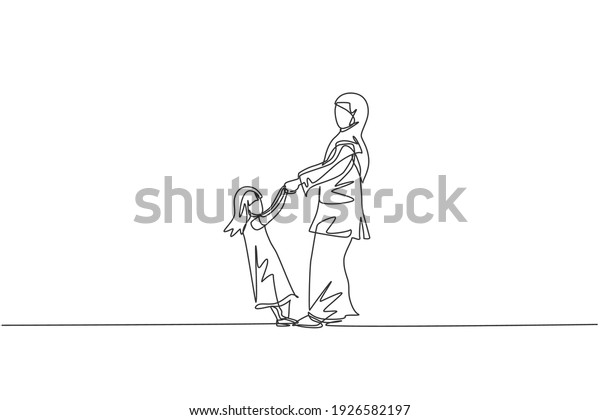 Single one line drawing of young Arabian mom and\
daughter holding hand, playing together vector illustration. Happy\
Islamic muslim family parenting concept. Modern continuous line\
graphic draw design