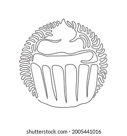 Single one line drawing yummy cupcake. Sweet tasty cake. Delicious dessert for dinner in restaurant. Swirl curl circle background style. Modern continuous line draw design graphic vector illustration