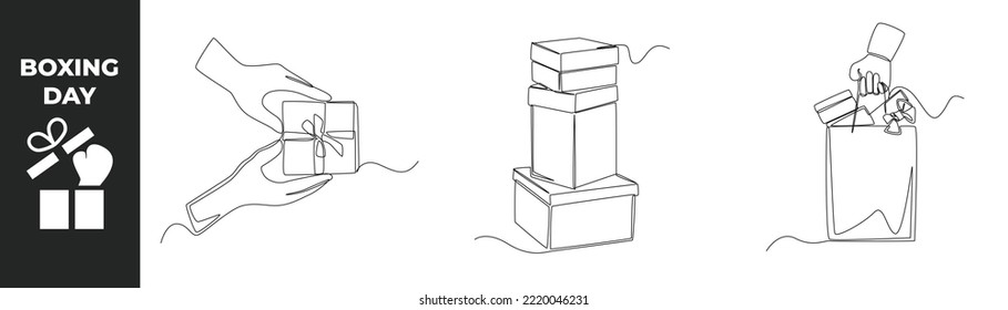 Single one line geometric boxing day concept set. Hand hold box with ribbon, Stack of gift boxes and paper bag containing gift box. Continuous line draw design graphic vector illustration.