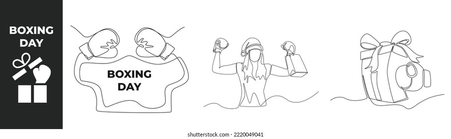 Single one line geometric boxing day concept set. Gloves boxing, girl with boxing gloves and box ribbon with boxing glove. Continuous line draw design graphic vector illustration.