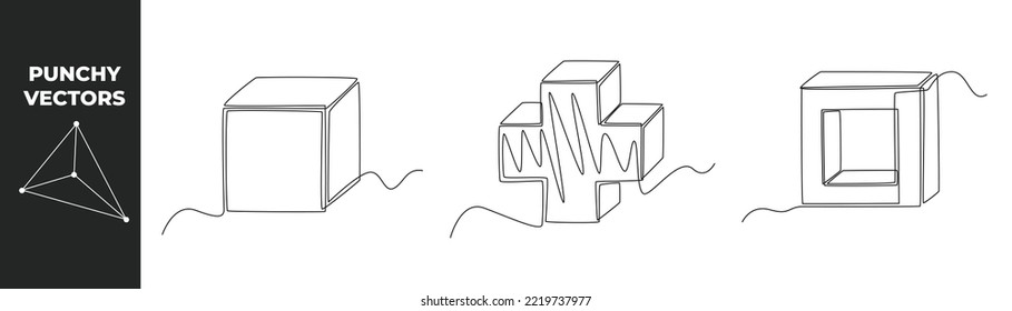 Single one line geometric shapes concept set. Cube, Cross plus and square. Punchy vector. Continuous line draw design graphic vector illustration.