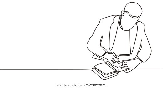 Single one line a man seated and diligently writing in a notebook. Vector illustration hand drawn.