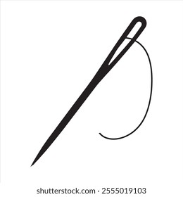 single one line Sewing needle with thread silhouette on white background
