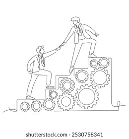 Single one line showing two Arabic businessmen helping each other to go up to pile of cogs. Teamwork people trust assistance team work.