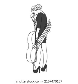 Single One Line Vector Of Double Bass Player. Girl Playing Music Classical Instrument.Portrait minimalistic style.