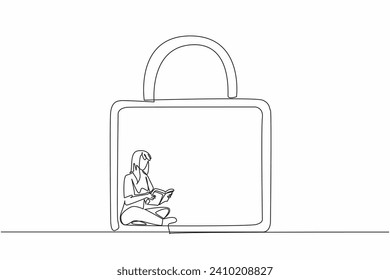 Single one line of young lonely woman reading a biographical book inside of padlock. Sitting on floor. Feel insecure being outside of locked privacy room  World Introvert Day. Mental health issue