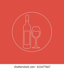 single one outline website button or white line modern clean isolated or simple bottle of wine & full glass sweet & beautiful red wine in a rounded circle 