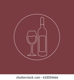 single one outline or white line modern clean isolated or simple bottle of wine & full glass for kosher Passover. sweet & beautiful red wine in a rounded circle like website button