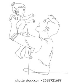 Single one-line drawing baby in his father's arms. Father's Day concept. Continuous line draw design graphic vector illustration.
