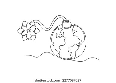 Single one-line drawing of the bomb resembles a globe and flowers on it. Anti-terrorism day concept continuous line draw design graphic vector illustration