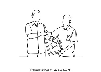 Single one-line drawing a boss given award certificate to the best employee. Employee appreciation day concept. Continuous line drawing design graphic vector illustration.