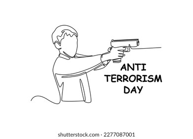 Single one-line drawing boy holding a gun on anti-terrorism day. Anti-terrorism day concept continuous line draw design graphic vector illustration