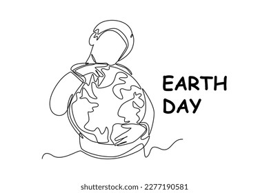 Single one-line drawing boy hugs the earth. Earth day concept. continuous line draw design graphic vector illustration