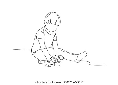 Single one-line drawing boy playing blocks. Children playing with toys concept. Continuous line drawing illustration