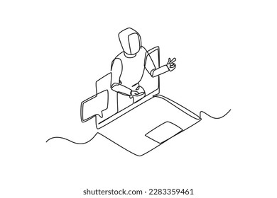 Single one-line drawing of the chat robot came out from the laptop. Chatbot concept continuous line draw design graphic vector illustration