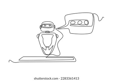 Single one-line drawing chat via smartphone with the robot. Chatbot concept continuous line draw design graphic vector illustration