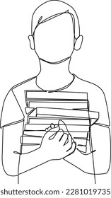 Single one-line drawing a child keeps books well. World book day concept. Continuous line drawing design graphic vector illustration.