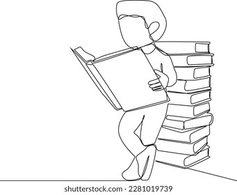 Single one-line drawing of a child reading a book with a pile of books behind him. World book day concept. Continuous line drawing design graphic vector illustration.