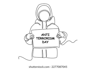 Single one-line drawing child in a thick jacket holding an anti-terrorism day paper. Anti-terrorism day concept continuous line draw design graphic vector illustration