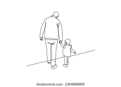 Single one-line drawing child walks with his dad. Father's Day concept. Continuous line draw design graphic vector illustration.