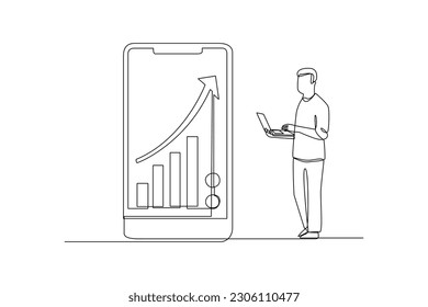 Single one-line drawing digital market shopping increases. Market digital concept. Continuous line drawing illustration