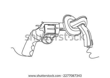 Single one-line drawing of the end of the gun is tied with a knot. Anti-terrorism day concept continuous line draw design graphic vector illustration